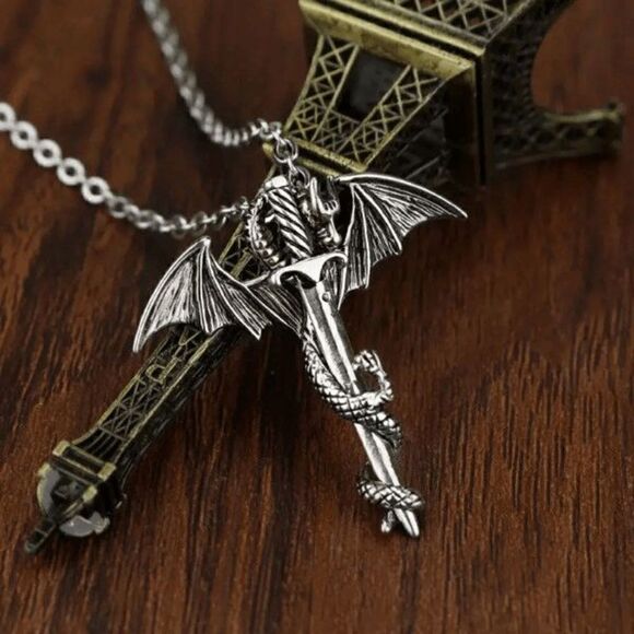 Flying Dragon Sword Stainless Steel Pendant Necklace - Picture 1 of 3
